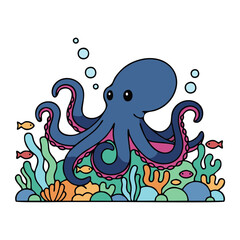 Vector illustration of an octopus on the seabed. Plain white background.