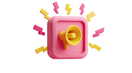 Pink Square Icon With Yellow Megaphone And Lightning