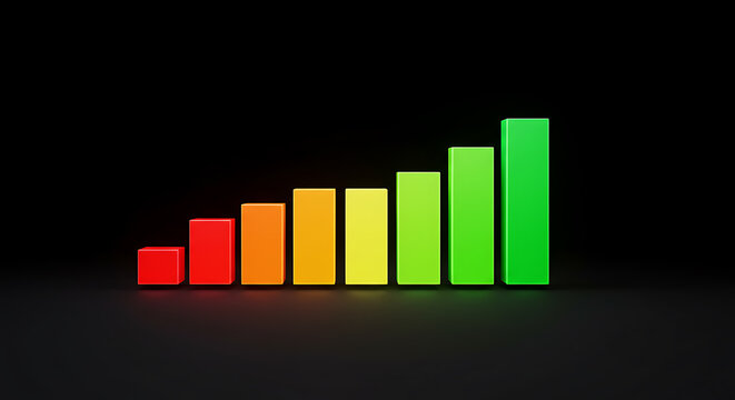 Colorful bar graph indicating growth and progress, red to green gradient on black background for data visualization