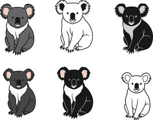 Set of cute koala illustrations in black and white styles, vector animal drawings for wildlife design, nature artwork, and graphic projects