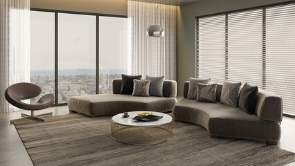 Large luxury modern bright interiors Living room mockup illustration 3D rendering image