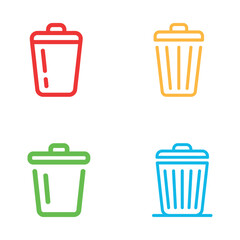 Colorful trash bin icons set on white background representing recycle bins