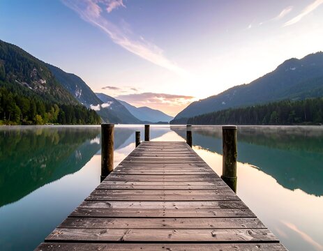 Serene sunrise over calm lake, wooden dock extending towards tranquil mountains