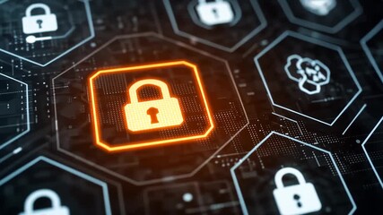Generative AI. Digital security concept featuring a glowing orange padlock icon among various hexagonal icons representing cybersecurity, and online safety in a modern technological environment - Powered by Adobe