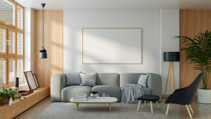 Large luxury modern bright interiors Living room mockup illustration 3D rendering image