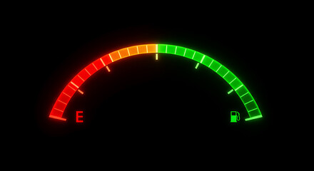 Digital car fuel gauge showing empty tank, glowing red warning indicator on black background