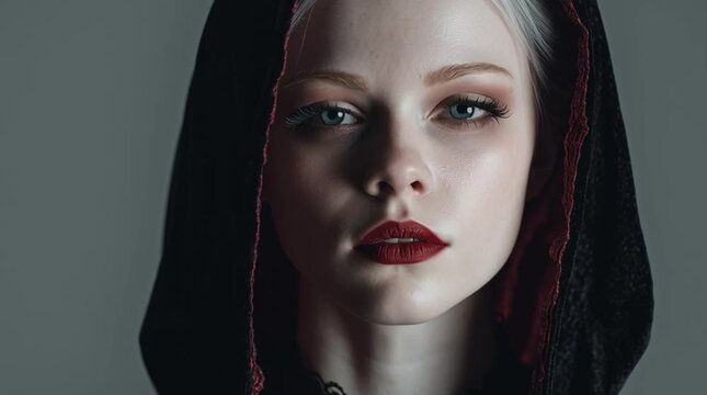 Portrait of a woman with pale skin and red lipstick wearing a dark hooded cloak in a studio setting