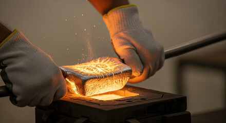 Worker in protective gloves pours glowing molten metal into industrial mold, sparks flying, highlighting intense heat and precision in metalworking process
