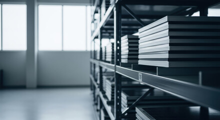 Organized metal shelving with stacked sheets in bright spacious warehouse interior, industrial storage racks in modern supply chain distribution center