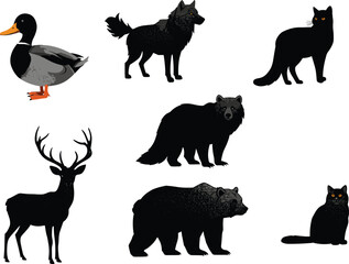 Wildlife animals illustration featuring bear, wolf, deer, duck, and black cats in silhouette and detailed style for nature design