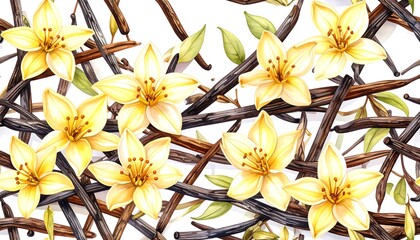 Yellow flowers and brown vanilla beans are mixed in a detailed botanical pattern