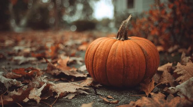 Pumpkin sits among fallen leaves on a path in autumn with blurred trees in the background view