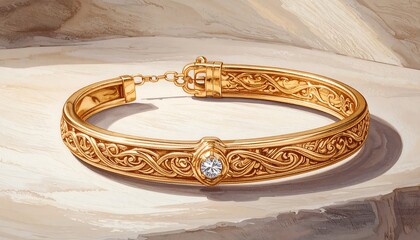An ornate gold bracelet sits on a textured, light-colored stone surface