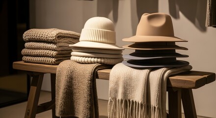 Minimal fashion display: stacked hats and scarves on bench, textured fabrics, cosy neutral tones.