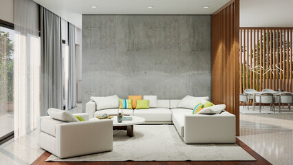 Large luxury modern bright interiors Living room mockup illustration 3D rendering image