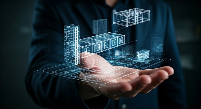 Modular construction with augmented reality. An architect's hand positions prefabricated building modules on a virtual construction site using AR.