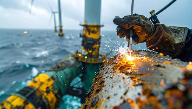 A welder in protective gear performs maintenance on an offshore wind turbine structure amidst choppy ocean waves.