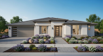 Fototapeta premium A modern, single-story home with a clean, minimalist design. Features a grey roof, white stucco exterior, and landscaping with drought-tolerant plants. Attached garage and inviting entryway.