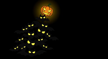 A glowing jack-o'-lantern atop a tree of black cats with yellow eyes against a dark background