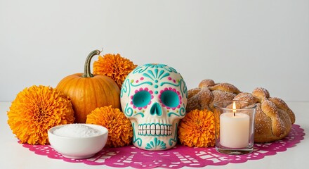 Obraz na płótnie Canvas Traditional Mexican Day of the Dead ofrenda still life arrangement.