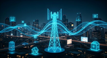 5G network and IoT concept. A holographic 5G tower emits connection waves to multiple IoT devices (cars, homes, sensors) in a smart city.