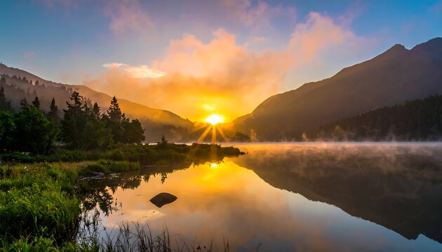 Serene sunrise over misty mountain lake