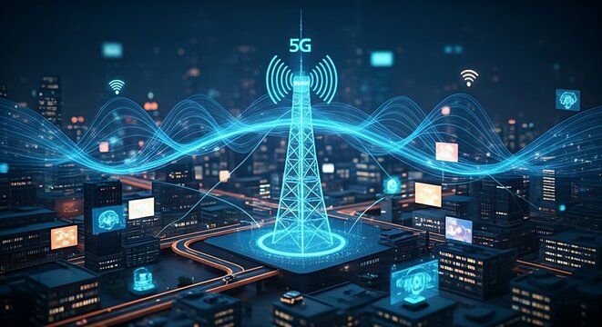 5G network and IoT concept. A holographic 5G tower emits connection waves to multiple IoT devices (cars, homes, sensors) in a smart city.