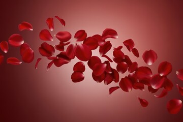 Scattered red rose petals floating against a gradient red background