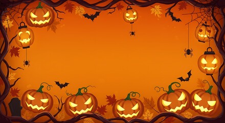 Halloween-themed background with glowing jack-o'-lanterns, bats, and autumn leaves on an orange backdrop