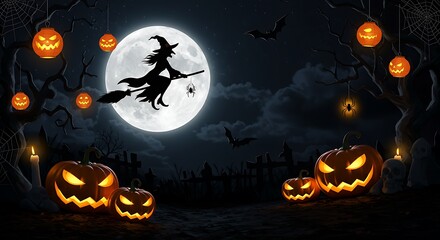 Halloween night scene with witch flying on broomstick against full moon, surrounded by glowing jack-o'-lanterns and bats