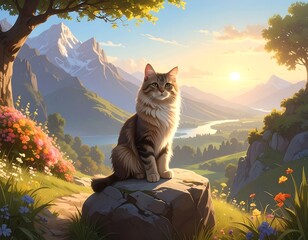 Majestic Cat Amidst a Mountain Valley Vista