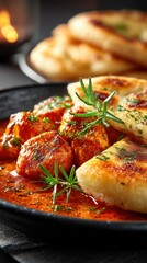 Butter chicken curry with naan bread and creamy tomato sauce