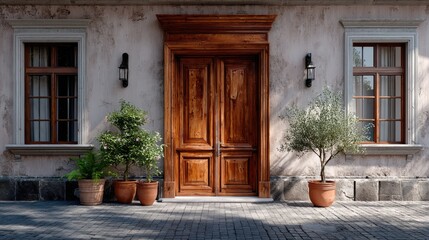 Rustic Wooden Door on Beige Building Facade with Two Windows and Symmetrical Plant Decor in Cinematic Lighting