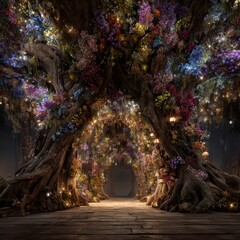 Obraz premium Enchanted Forest Gateway - Luminescent Flora Ancient Tree.