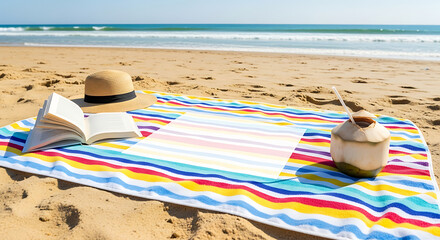 Beach towel spread on sand with straw hat, book, and coconut drink — empty space for text overlay