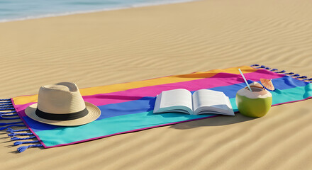 Beach towel spread on sand with straw hat, book, and coconut drink — empty space for text overlay