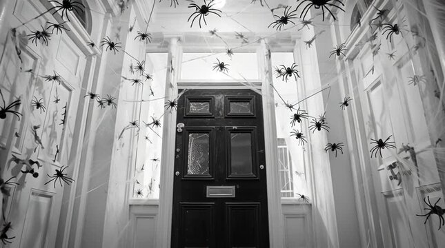 Spiders and webs adorn a front door for halloween in a black and white photograph style image