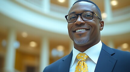 Man in suit smiles warmly, indoors.  Blured background of a large space