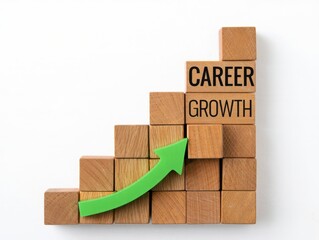 Career Growth concept with wooden blocks and ascending green arrow