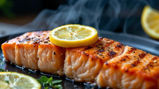 Grilled Salmon with Lemon: A mouthwatering close-up of a perfectly grilled salmon fillet, garnished with a zesty lemon slice, inviting you into a world of culinary delight.
