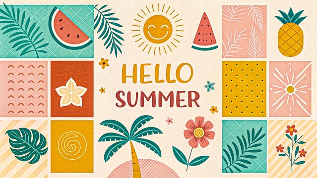 Hello summer colorful illustration with tropical fruits, palm tree, sun, flowers and bright abstract decorative background for vacation vibe**