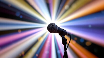Microphone in the Spotlight: A microphone stands ready on a stage, bathed in vibrant rays of light. Awaiting a singer to the stage, creating anticipation.