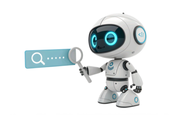 Cute robot holding a magnifying glass searching for information online