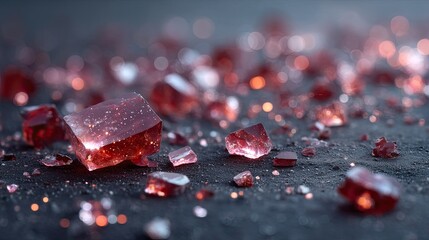 Macro Shot of Red Cubic Crystals on a Dark Surface with Bokeh Lighting