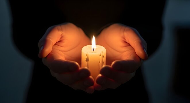 Close-up of hands holding lit candle, warm glow, dark and blurred background.