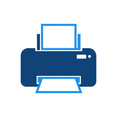 Blue printer printing document in office environment showing technology and efficiency in modern workspace.