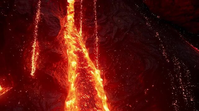An otherworldly torrent of liquid fire cascades down into a burning, dark chasm