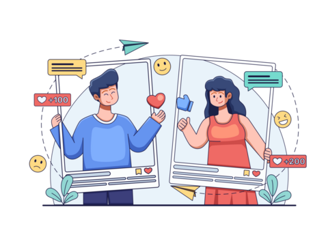 Cartoon Couple Connecting Through Social Media Screens in Pixel Art Style with Orange Accents and Transparent Background