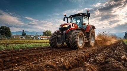 Obraz premium Powerful Red Tractor Working on a Vibrant Field Under Dramatic Sky