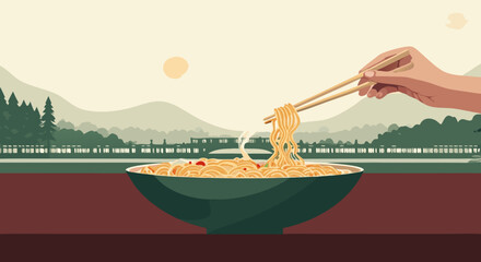 Noodle Delights: A hand delicately lifts a flavorful mouthful of noodles from a vibrant bowl, against a backdrop of a serene vista, embodying the essence of a culinary journey.